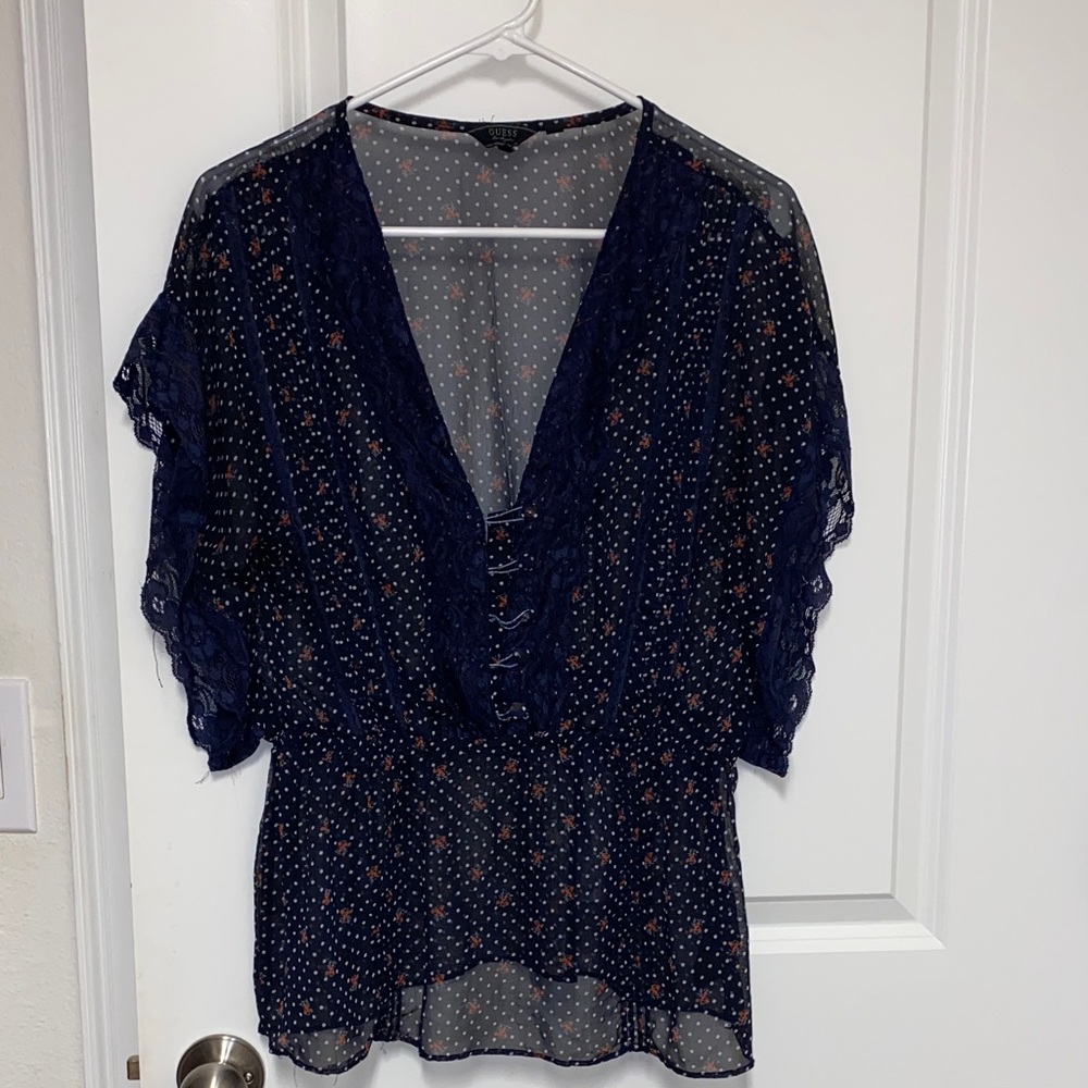 Guess Navy Sheer Blouse with Polka Dots